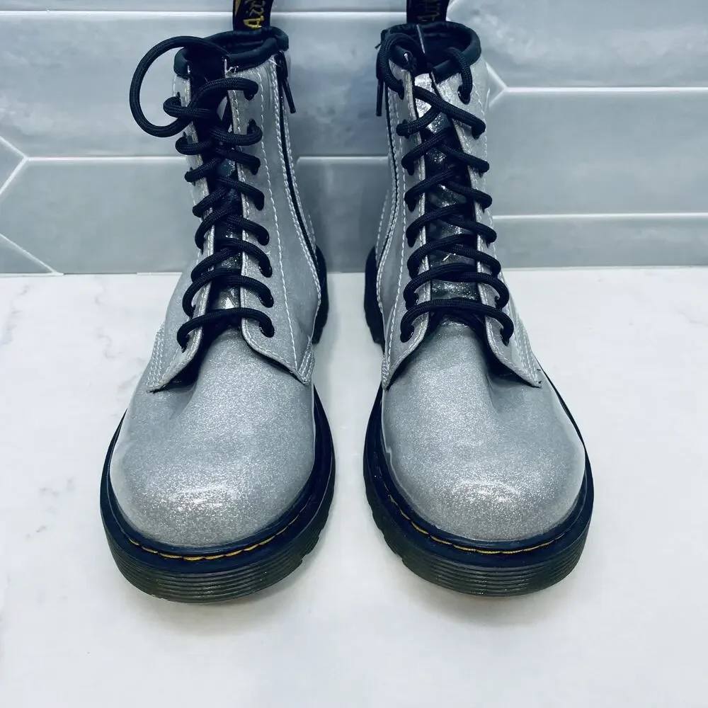 Dr Martens Boots Girls Size 3 Glitter J Youth Silver Lace Up Combat Shoes 1460